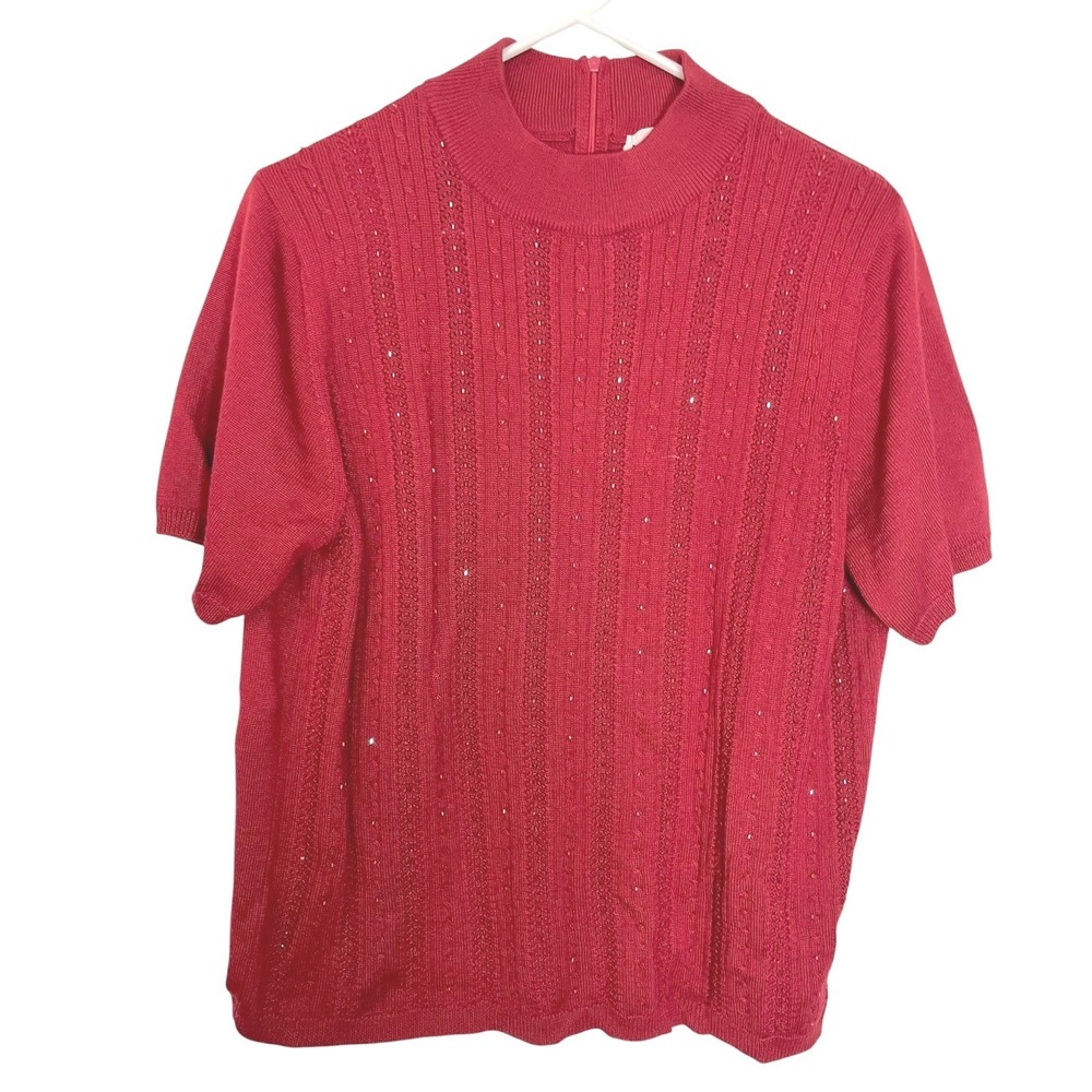 Alfred Dunner XL Red Short Sleeve Sweater Beaded Cable Knit Mock Neck Vintage‎